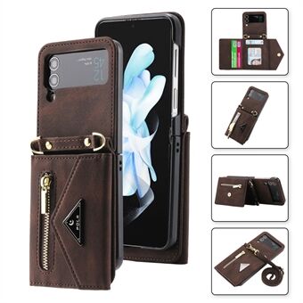 POLA For Samsung Galaxy Z Flip3 5G Zipper Pocket Kickstand Multiple Card Slots PU Leather Phone Cover with Shoulder Strap