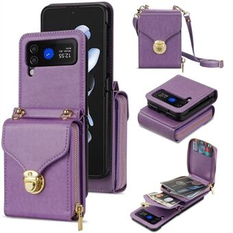 For Samsung Galaxy Z Flip3 5G Zipper Card Bag Phone Case Leather+TPU+PC Cover with Shoulder Strap