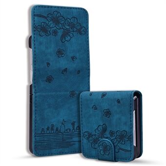 For Samsung Galaxy Z Flip3 5G Imprinted Cat Flower Cover PU Leather Card Holder Phone Case