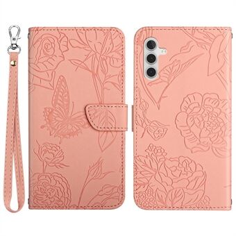 Butterfly Flower Imprinted Phone Cover for Samsung Galaxy A13 5G / A04s 4G (164.7 x 76.7 x 9.1 mm), Skin-touch PU Leather Wallet Cover Flip Stand Case with Hand Strap