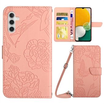 Imprinting Butterfly Flower Phone Case for Samsung Galaxy A13 5G / A04s 4G (164.7 x 76.7 x 9.1 mm), Shoulder Strap Design Anti-scratch PU Leather Wallet Stand Skin-touch Cover