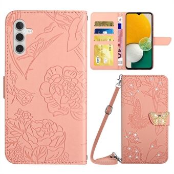 For Samsung Galaxy A13 5G / A04s 4G (164.7 x 76.7 x 9.1 mm) Anti-fall Phone Wallet Case Butterfly Flowers Imprinted Rhinestone Decor Phone Cover Hands-free Stand with Shoulder Strap