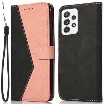 For Samsung Galaxy A13 4G / 5G / A04s 4G (164.7 x 76.7 x 9.1 mm) Anti-scratch Color Splicing Phone Cover Drop-proof PU Leather Wallet Stand Case with Wrist Strap