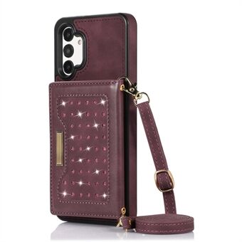 For Samsung Galaxy A13 4G / 5G Rhinestone Decor Tri-fold Wallet Phone Case RFID Blocking Kickstand PU Leather Coated TPU Cover with Shoulder Strap