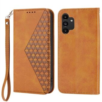 For Samsung Galaxy A13 4G / A13 5G / A04s 4G (164.7 x 76.7 x 9.1 mm) Calf Texture Leather Wallet Case Imprinted Rhombus Pattern Phone Stand Magnetic Absorption Phone Cover with Strap