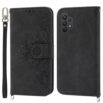 For Samsung Galaxy A13 4G / A13 5G / A04s 4G (164.7 x 76.7 x 9.1 mm) Wallet Phone Case Imprinted Flowers PU Leather Skin-touch Stand Magnetic Cover with Wrist Strap and Shoulder Strap