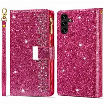 For Samsung Galaxy A13 5G Drop-proof Phone Case Zipper Wallet Stand PU Leather Flip Laser Carving Glittery Starry Style Cell Phone Cover with Strap