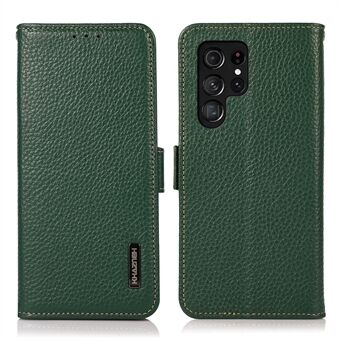 KHAZNEH Full Protection Anti-theft Swiping Design Litchi Texture Genuine Leather Phone Case for Samsung Galaxy S22 Ultra 5G