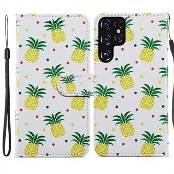 Pattern Printing Design Wallet Flip Stand PU Leather Magnetic Closure Cover with Wrist Strap for Samsung Galaxy S22 Ultra 5G - Tri