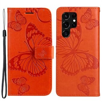 KT Imprinting Flower Series-2 Stand Feature PU Leather Phone Case Wallet Flip Butterfly Imprinted Protective Cover with Strap for Samsung Galaxy S22 Ultra 5G