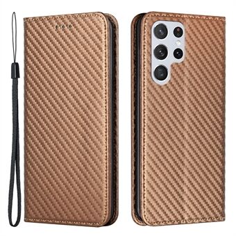 Magnetic Auto-absorbed Carbon Fiber Texture Stand Wallet Leather Phone Case with Wrist Strap for Samsung Galaxy S22 Ultra 5G