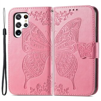 For Samsung Galaxy S22 Ultra 5G Imprinted Butterfly Flower Scratch-resistant Fashionable PU Leather + TPU Shockproof Phone Case Flip Stand Cover with Strap