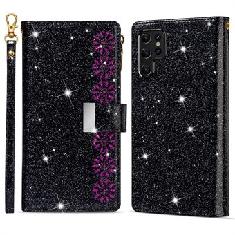 Laser Carving Glittery Starry Style Zipper Wallet Stand Fully Wrapped Leather Phone Case with Strap for Samsung Galaxy S22 Ultra 5G