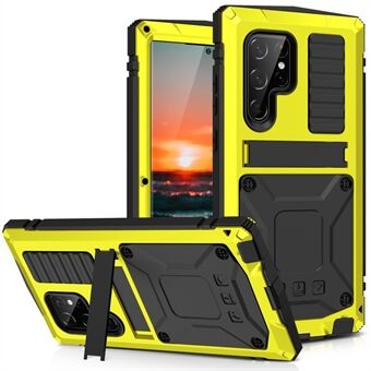 R-JUST Anti-fall Dust-proof Shockproof Metal+Silicone+PC Kickstand Case with Built-in Anti-explosion Tempered Glass Lens Protector and Screen Protector for Samsung Galaxy S22 Ultra 5G