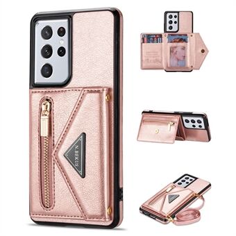 N.BEKUS Zipper Card Holder Phone Case for Samsung Galaxy S22 Ultra 5G, PU Leather Coated TPU Magnetic Shockproof Protective Cover with Strap