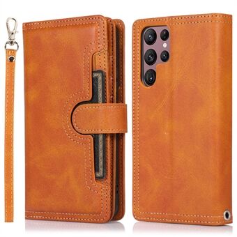 For Samsung Galaxy S22 Ultra 5G Wrist Strap Magnetic Clasp Anti-fall Protection Case Split Leather Stand Phone Cover with Multiple Card Slots