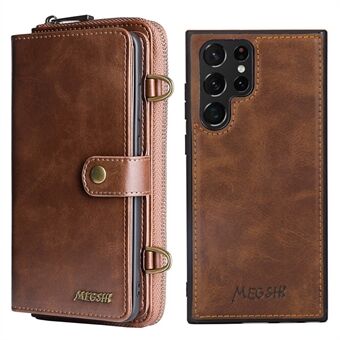 MEGSHI 020 Series PU Leather Case for Samsung Galaxy S22 Ultra 5G, Wallet Magnetic Detachable 2-in-1 Mobile Case Cover with Shoulder Strap