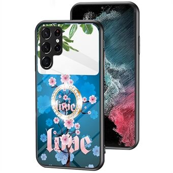 Magic Mirror Series for Samsung Galaxy S22 Ultra 5G Kickstand Flower Pattern Case Tempered Glass + PC + TPU Shockproof Phone Cover with Mirror