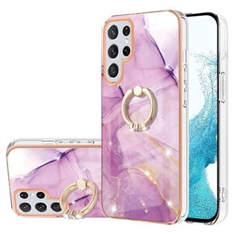 YB IMD Series-10 for Samsung Galaxy S22 Ultra 5G IMD Marble Pattern Phone Back Case Electroplating Frame TPU Protective Cover with Ring Kickstand