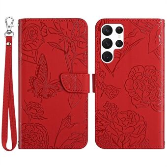 For Samsung Galaxy S22 Ultra 5G Imprinting Butterfly Flower Adjustable Stand Phone Case Skin-touch Wallet PU Leather Cover with Hand Strap