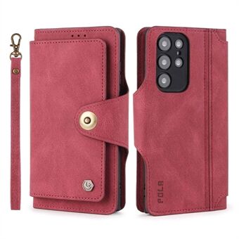 POLA for Samsung Galaxy S22 Ultra 5G 010 Anti-fall 9 Card Slots PU Leather Phone Case with Wallet Stand and Wrist Strap Buckle Closure Cover