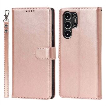 For Samsung Galaxy S22 Ultra 5G Wallet Case R61 Texture Felled Seam PU Leather Anti-Fall Stand Magnetic Phone Cover with Wrist Strap