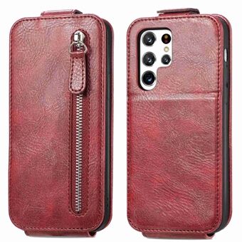 Zipper Wallet PU Leather Phone Cover for Samsung Galaxy S22 Ultra 5G, Vertical Flip Viewing Stand Anti-drop Case with Built-in Metal Sheet