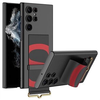 GKK For Samsung Galaxy S22 Ultra 5G Wrist Band Kickstand Design Anti-wear Cell Phone Case PC+PU Leather Well-protected Cover