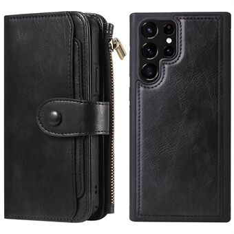 KT Multi-functional Series-3 Retro Phone Case For Samsung Galaxy S22 Ultra 5G, Anti-drop Zipper Pocket Flip PU Leather Wallet Cover with Detachable Inner