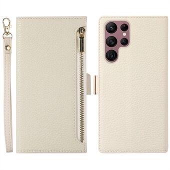 For Samsung Galaxy S22 Ultra 5G Litchi Texture Phone Case with Zipper Pocket, PU Leather Flip Cover Wallet with Strap