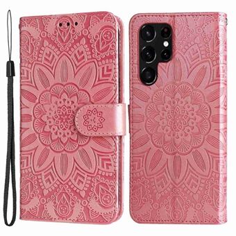 For Samsung Galaxy S22 Ultra 5G Sunflower Imprinted Wallet Phone Case PU Leather Wrist Strap Stand Feature Flip Cover