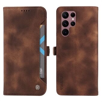 YIKATU YK-002 For Samsung Galaxy S22 Ultra 5G Skin-touch Feeling Phone Case, Outer Card Slot Design Wallet Feature PU Leather Stand Shell