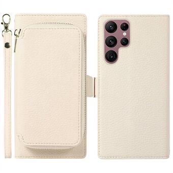 For Samsung Galaxy S22 Ultra 5G Magnetic Detachable Zipper Card Bag 2-in-1 Litchi Texture PU Leather+TPU Cover Anti-drop Phone Stand Wallet Case with Strap