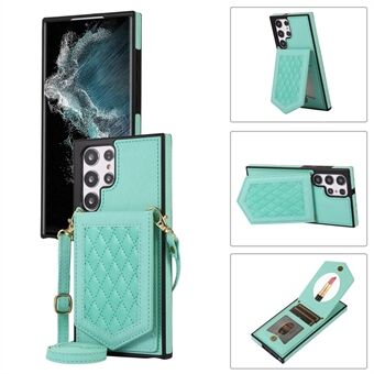 For Samsung Galaxy S22 Ultra 5G RFID Blocking Card Holder Phone Case Makeup Mirror Kickstand Imprinted PU Leather Coated TPU Back Cover with Shoulder Strap