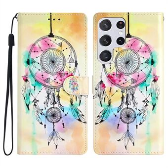 For Samsung Galaxy S22 Ultra 5G Pattern Printing PU Leather Flip Folio Cover Magnetic Closure Stand Wallet Style Flip Phone Case with Strap