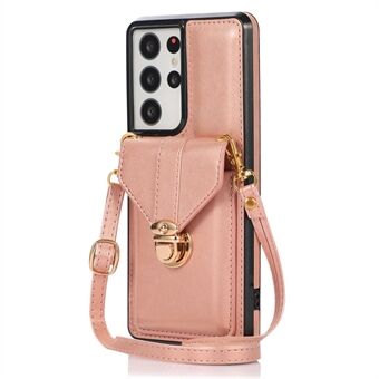 Phone Cover for Samsung Galaxy S22 Ultra 5G Card Holder Kickstand PU Leather+TPU Case with Shoulder Strap