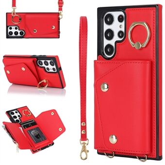 Zipper Wallet Phone Case for Samsung Galaxy S22 Ultra 5G PU Leather Coated TPU Cover with Ring Kickstand
