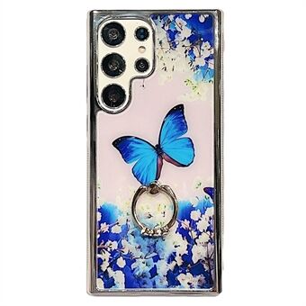 Electroplating Cover for Samsung Galaxy S22 Ultra 5G IMD Flower Pattern PC+TPU Phone Case with Ring Kickstand