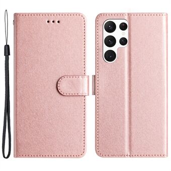 For Samsung Galaxy S22 Ultra 5G PU Leather Phone Case Stand Cover Silk Texture Full Protection Shell with Strap