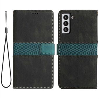 Grid Splicing Design Phone Case for Samsung Galaxy S22 5G, PU Leather Stand Wallet Shockproof Shell with Strap