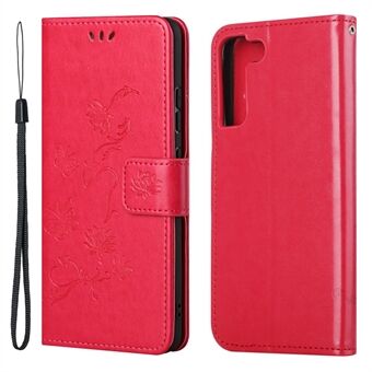Butterfly and Flowers Imprinting Leather Phone Wallet Cover with Adjustable Viewing Stand for Samsung Galaxy S22 5G