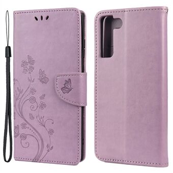 Imprinting Butterflies Flowers PU Leather Folio Flip Phone Case Stand Wallet Cover for Samsung Galaxy S22 5G