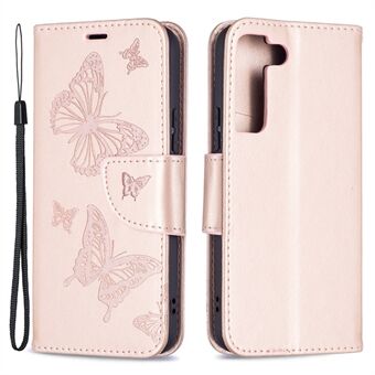 Butterfly Imprinted PU Leather Magnetic Flip Case Wallet Stand Shockproof Cover with Strap for Samsung Galaxy S22 5G