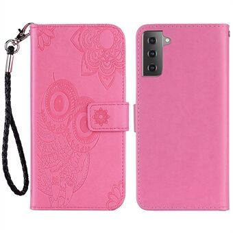 Owl Flower Pattern Imprinted PU Leather Wallet Stand All-Inclusive Protective Case with Strap for Samsung Galaxy S22 5G