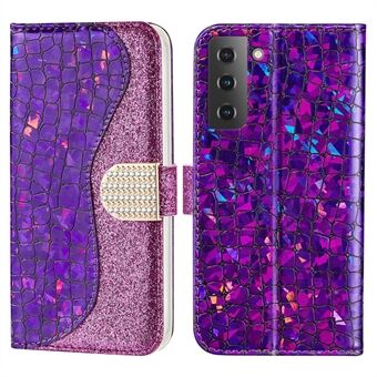 360-Degree Protective Crocodile Texture Glittery Powder Splicing Leather Wallet Case for Samsung Galaxy S22 5G