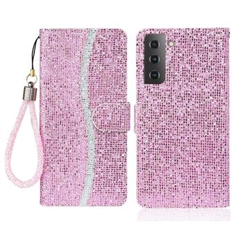 Flip Phone Cover PU Leather Glittery Powder Handy Strap Stylish Wallet Phone Protective Case for Samsung Galaxy S22 5G