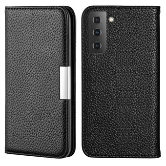 Litchi Skin Metal Buckle Automatic Closing Shockproof Anti-drop Leather Case Cover with Card Holder for Samsung Galaxy S22 5G