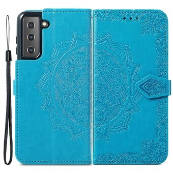 Embossed Workmanship Stylish Mandala Pattern PU Leather Magnetic Cover Wallet Stand Flip Protective Case with Strap for Samsung Galaxy S22 5G
