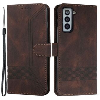 YX0010 Well-protected Rhombus Lines Imprinting Skin-touch Feel Leather Case Cover with Wallet Stand Feature for Samsung Galaxy S22 5G