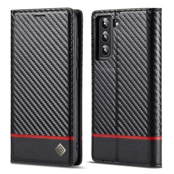 LC.IMEEKE Wallet Stand Design Carbon Fiber Texture Anti-fall Magnetic Auto-absorbed PU Leather Phone Case Cover for Samsung Galaxy S22 5G